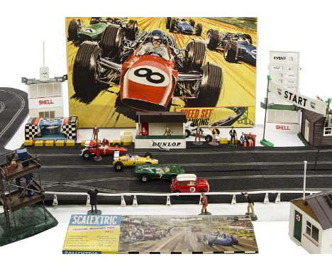 A large quantity of 1960's Scalextric, Cars, C7 Rally Mini Cooper, Race Tuned C15 Mirage Ford, C14 Matra F1 (boxed), C9 Ferra
