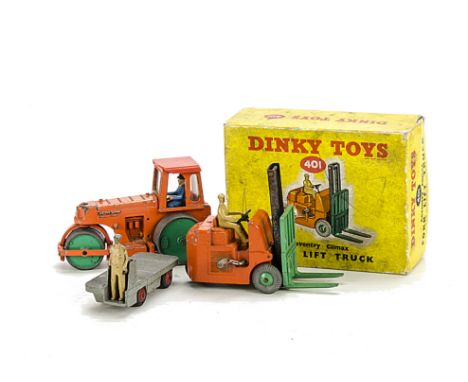 Dinky 401 Coventry Climax Fork Lift Truck, boxed, together with 14a BEV Electric Truck grey with driver and 279 Aveling Barfo