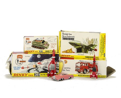 Late issue Dinky Toys mainly TV related, 101 blue Thunderbird 2, 353 Shado 2, 351 UFO Interceptor and 285 Merryweather Fire E