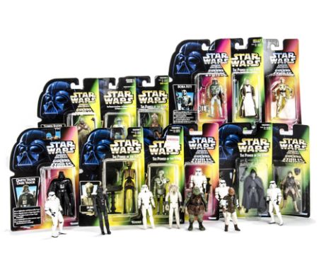 1990s Kenner Star Wars POTF Action Figures, including Han Solo Hoth, R2-D2, R5-D4, 2-1B, EV-9D9, Leia, Tie Fighter Pilot, Gre