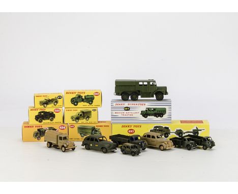 Dinky Toys 697 25-Pounder Field Gun Set, 641 Cargo Truck, 688 Field Artillery Tractor, 643 Army Water Tanker, 689 Medium Arti