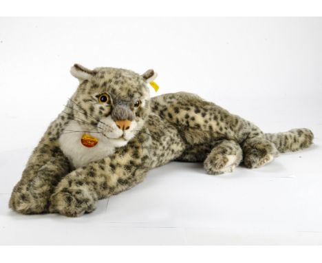 A  large Steiff Leopard, in grey with black spots and white chest and chin, name tag 'Snobby', VG