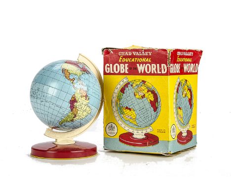 A Chad Valley M200 Tin Educational Globe of the World, with red base and plastic support, in original box, VG-E, box F, lacks