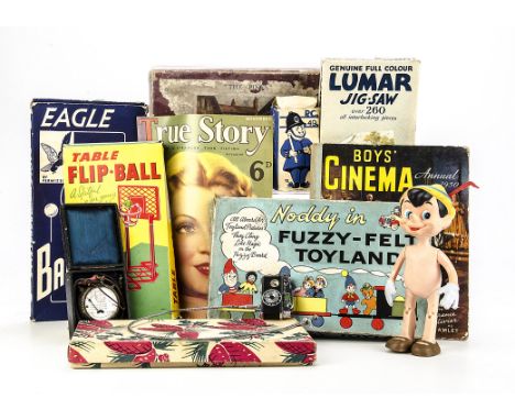 Various 1940s-1960s Toys and Camera Lighters, Eagle Pin Ball Riders of the Range Bagatelle, Droyt Products Ltd PC 49 Soap, Ta