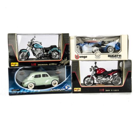 Large Scale Diecast, two Burago models of 3006 Jaguar SS100 and 3005 Bugatti, together with two Maisto Motorcycles and Solido