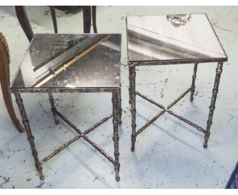 LAMP TABLES, a pair, square mirrored tops on x frame, faux bamboo metal base, with gilt highlights, 41cm square x 59cm H. (2)