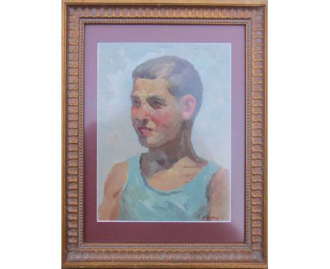 VITALY MARKIN (Russian 1924-1998) 'Portrait of an athlete', 1954, oil on board, 25cm x 18cm.