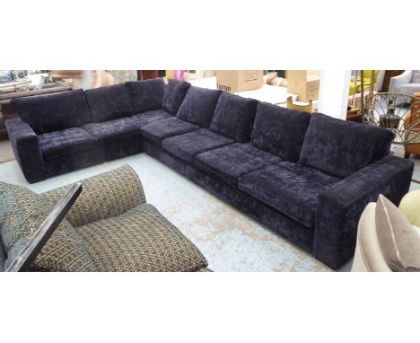 CORNER SOFA, contemporary, black velvet finish on block supports, in two parts, one sofa 253cm L, the other 313cm L x 104cm D