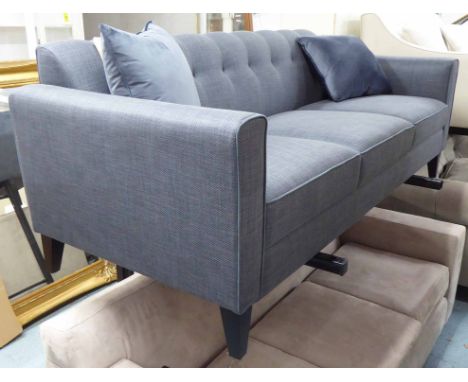 SOFA, three seater, mid night blue upholstery with two scatter cushions, 200cm x 83cm x 75cm.