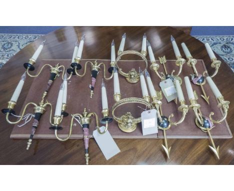 WALL SCONCES, a set of four, arrow detail, each 38cm H along with four others, two branch sconces 27cm H and a pair of circul
