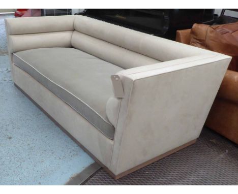 SOFA, early 20th century design with bolster double roll back in beige suede, 210cm x 95cm x 75cm.