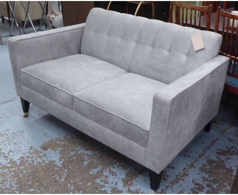 SOFA, small two seater, contemporary design, in light blue upholstery on black splayed legs.