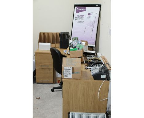 OFFICE: A quantity of assorted office furniture to include three chairs, modular desk fitting, pine desk, pine sideboard, thr