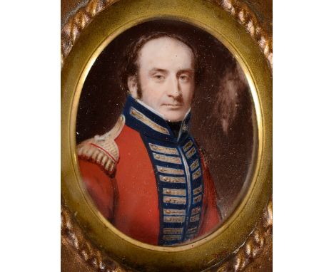 ENGLISH SCHOOL EARLY 19TH CENTURY:-  Miniature portrait of an officer wearing uniform, half length, on ivory; 5.5 x 4.5 cms, 