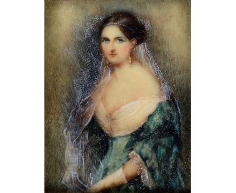 ENGLISH SCHOOL LATE 19TH CENTURY  Miniature portrait of a lady wearing green silk dress & veil, three quarter length, on ivor