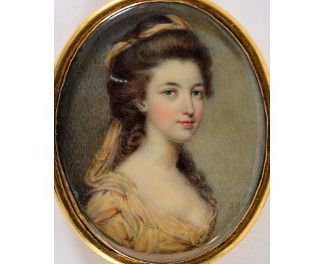 FOLLOWER OF JOHN SMART  A miniature portrait of a lady wearing a scarf and pearls in her hair, bears initials J.S, on ivory; 