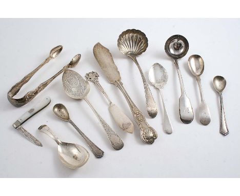 SUNDRY ANTIQUE FLATWARE:- An Exeter toddy ladle, initialled, a sauce ladle, two butter knives, two jam spoons, a caddy spoon,