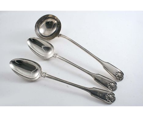 A PAIR OF EARLY VICTORIAN FIDDLE, THREAD & HUSK PATTERN BASTING SPOONS, crested, by William Theobalds, London 1837 and a soup