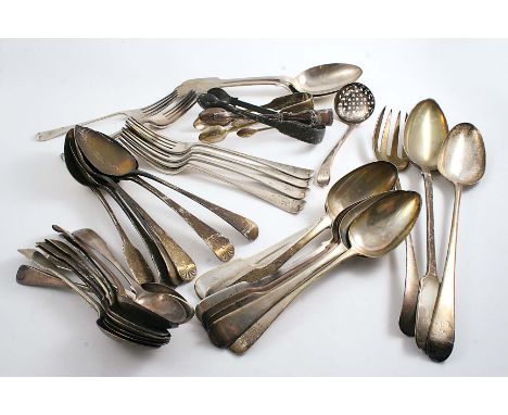 MISCELLANEOUS ANTIQUE FLATWARE:- Two basting spoons, a serving fork, sixteen table spoons (some Newcastle & two inscribed "No