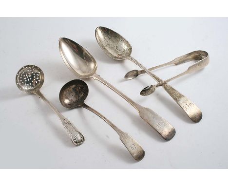 ASSORTED ANTIQUE EDINBURGH-MARKED FLATWARE:- A Victorian toddy ladle (now pierced for use as a sugar sifter ladle), an oar pa