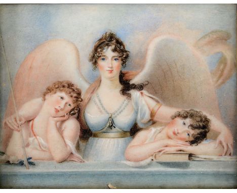 ENGLISH SCHOOL EARLY 19TH CENTURY:-  Miniature portrait of figures in neo-classical style, an angel embracing two children, o