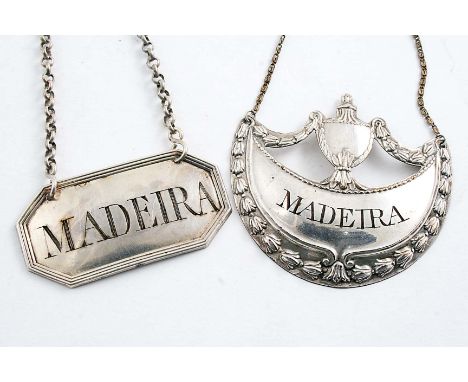 TWO OLD SHEFFIELD PLATED WINE LABELS:- A crescent example with urn surmount incised "MADEIRA", c.1775 and a canted rectangula