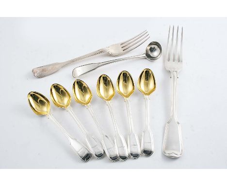 A SET OF SIX GEORGE IV / WILLIAM IV FIDDLE & THREAD PATTERN EGG SPOONS, crested, gilt bowls, by William Theobalds, London 183