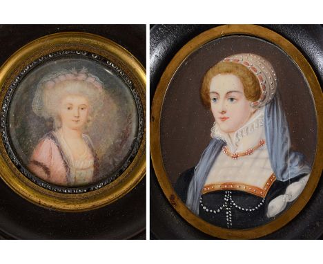 FRENCH SCHOOL:-  Miniature portrait of a lady wearing fur trimmed pink robe, possibly on card, 4.5 cms dia, paste set border 