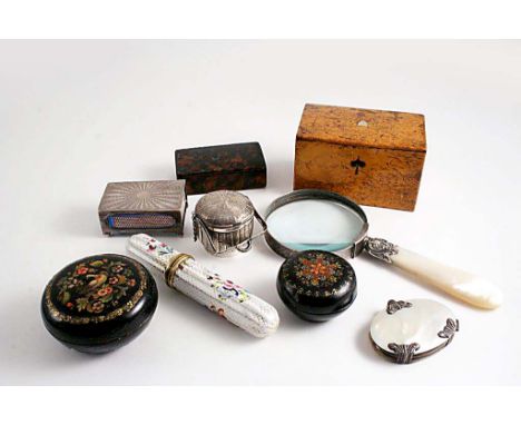 A SILVER & MOTHER OF PEARL POCKET MAGNIFYING GLASS c.1800, a magnifying glass c.1900, a silver matchbox holder, a Chinese min