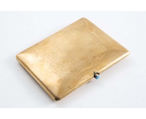 A LATE VICTORIAN 9 CT. GOLD CIGARETTE CASE of plain rectangular form, the thumbpress set with a turquoise-coloured, glass bea