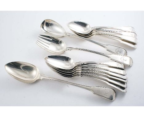 FIDDLE & THREAD PATTERN FLATWARE (SINGLE STRUCK):- A set of six table spoons, initialled, by S. Hougham, London 1813, a set o