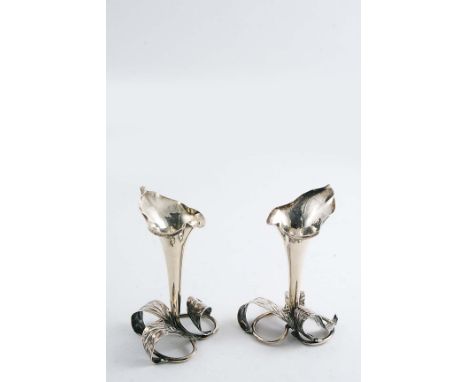 A PAIR OF EDWARDIAN SMALL VASES  on leafy bases, by R. Martin & E. Hall, Sheffield 1905; 5" (12.5 cms) high; 6 oz (2)