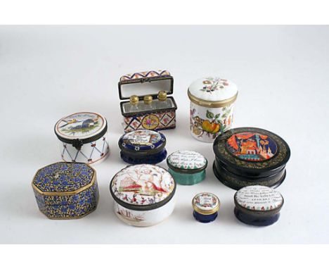 THREE STAFFORDSHIRE ENAMEL PATCH BOXES each with a printed verse on the cover, a modern porcelain box containing scent bottle