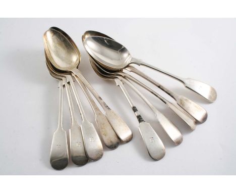 A SET OF FIVE 20TH CENTURY FIDDLE PATTERN TABLE SPOONS initialled "R", by H. Atkin, Sheffield 1936 and five other antique Fid
