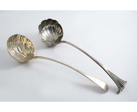 A GEORGE III OLD ENGLISH PATTERN SOUP LADLE (with shoulders), with fluted circular bowl by Thomas Evans, London 1768 and a la