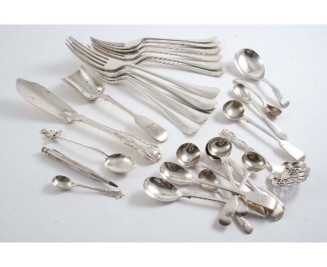 A MIXED LOT:- A set of five Hanoverian pattern table forks & six dessert forks, crested, by H. Atkin, Sheffield, 1907/08, an 