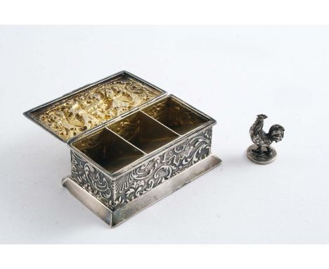A LATE VICTORIAN EMBOSSED STAMP BOX rectangular, on a bevelled base with a gilt interior and three divisions by Deakin & Fran