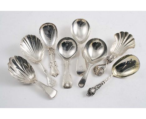 A SMALL COLLECTION OF CADDY SPOONS:- A Victorian Fiddle example initialled "B", a Bead pattern example 1785, a Fiddle & Threa
