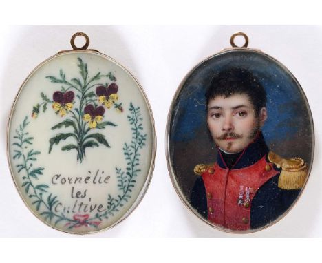 ATTRIBUTED TO DANIEL SAINT  Miniature portrait of a French officer with moustache and wearing uniform with two medals, on ivo