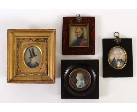 TWO MINIATURE PORTRAITS  each of a child, one wearing blue jacket, the other with "stove pipe" hat, early 19th century, portr