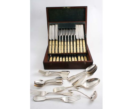 MISCELLANEOUS FLATWARE:- A set of six George III Fiddle dessert spoons, crested & monogrammed, by Thomas Barker, London 1808,