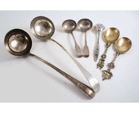 A MIXED LOT:- An Old English Thread pattern soup ladle, initialled, by the Goldsmiths & Silversmiths Co.Ltd., London 1911, a 