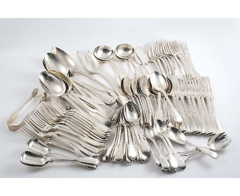 A COLLECTED OR HARLEQUIN SERVICE OF FIDDLE & THREAD PATTERN FLATWARE (GEORGE III - VICTORIAN) INCLUDING:- Thirteen table spoo