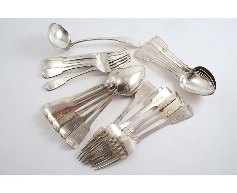 FIDDLE PATTERN FLATWARE:- Six dessert spoons by two makers, London 1830/35  and the following 19th / early 20th century Malte