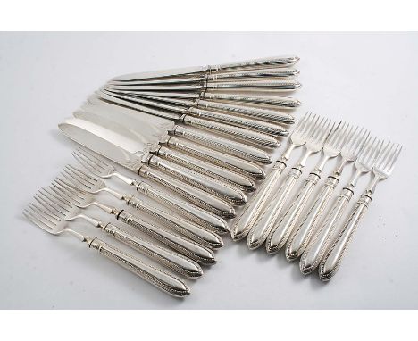 A SET OF TWELVE VICTORIAN DESSERT KNIVES AND ELEVEN DESSERT FORKS with loaded, Bead pattern handles and pointed terminals, by