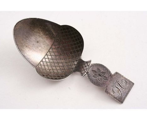 A GEORGE III ACORN CADDY SPOON with engraved detail & square terminal, initialled "U", by Elizabeth Morley, London 1809;  3.1
