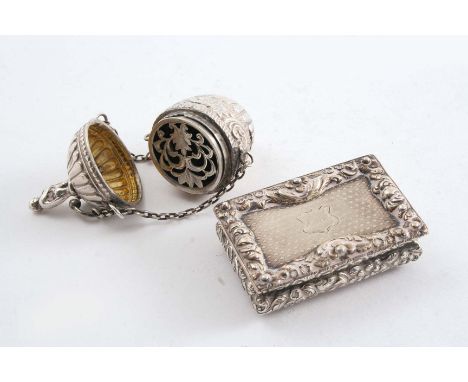 AN EARLY VICTORIAN RECTANGULAR VINAIGRETTE with convex sides, raised floral borders & an engine-turned base & cover, inscribe