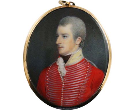 SAMUEL SHELLEY  Miniature portrait of a Yeomanry Officer c.1805, quarter length, on ivory; 7.75 x 6.25 cms, reverse with cent