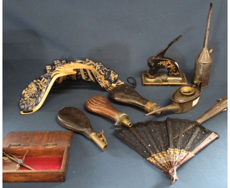Victorian address stamper, 3 vintage oil cans, 3 shot / powder flasks, boxed glass scales, bamboo sunhat &amp; lace fan