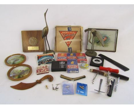 Collection of items to include playing cards, corkscrews, brass herons, Pathescope film, viewmaster of the Partridge family e